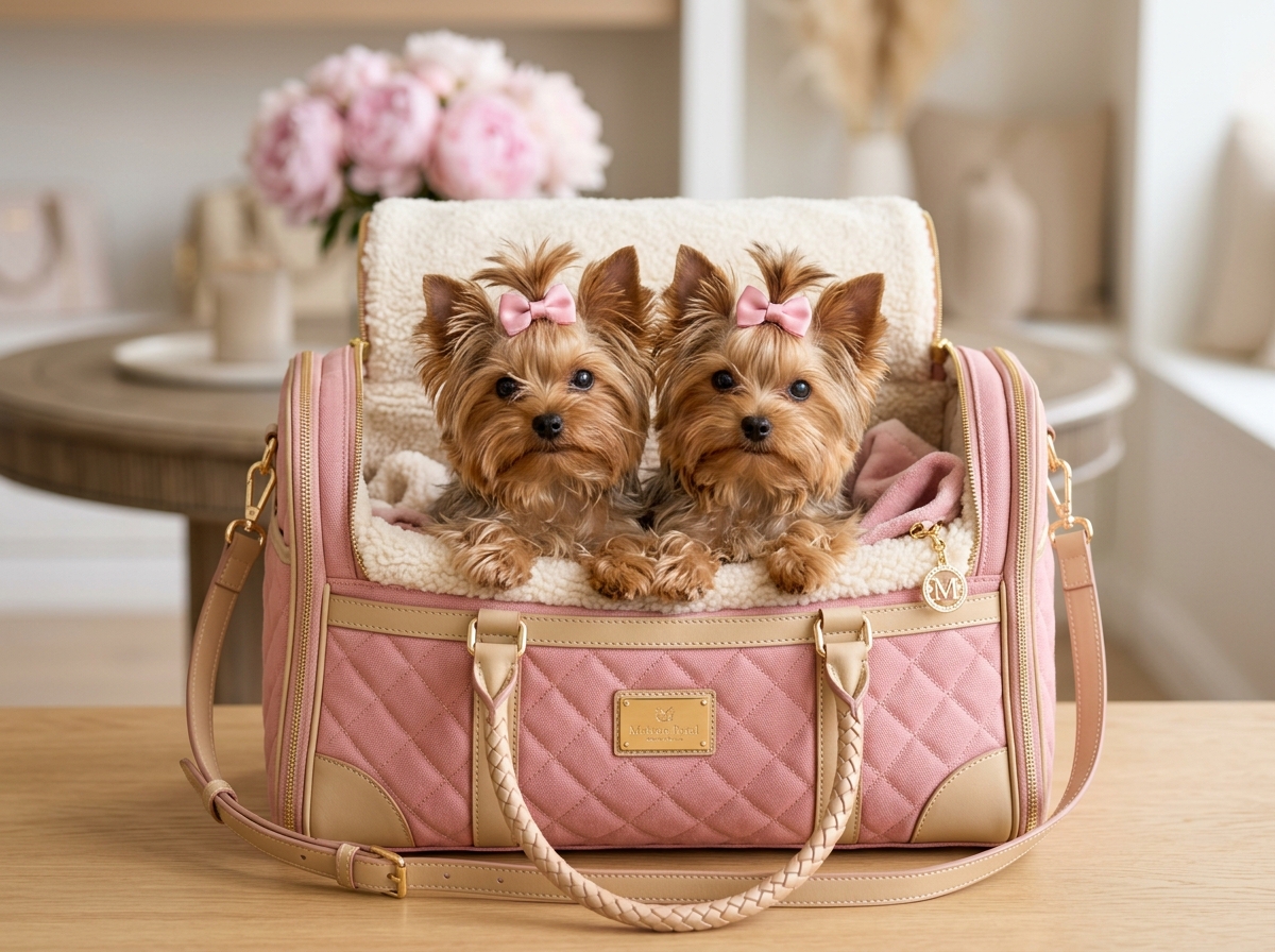 Two Yorkies inside Rose Pink Madison Carrier