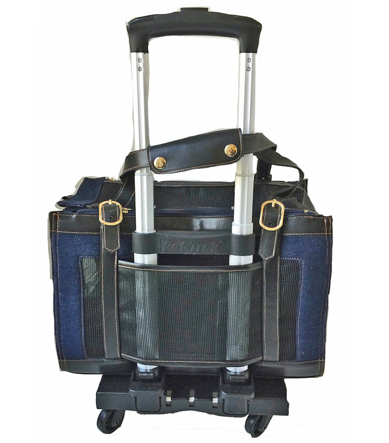 Denim pet carrier on Pet-Trek 4 wheel dolly - backside